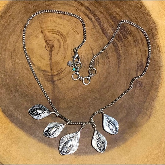 Lucky Brand Jeans Jewelry Silver Tone Necklace Teal Blue Resin Peacock Feathers - Picture 2 of 2
